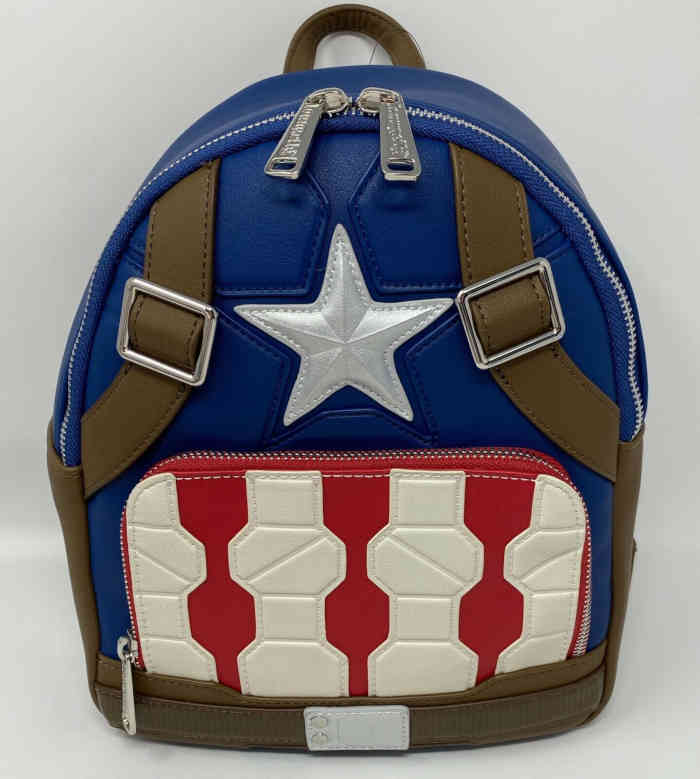 Commonly shaped Loungefly mini backpack of Marvel's Captain America