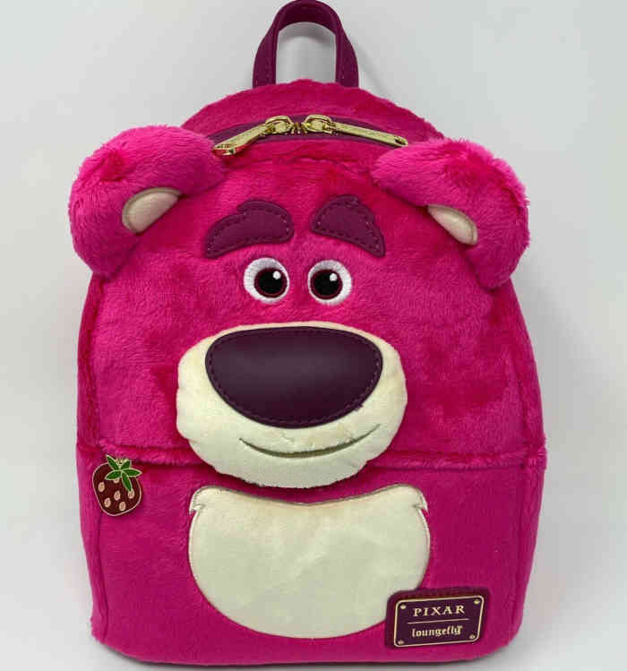 Fake fur on a Toy Story Lotso Bear Loungefly mini backpack